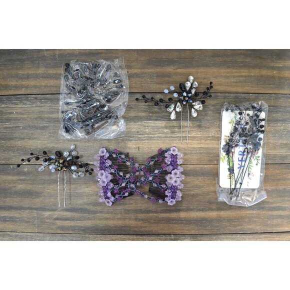 Hair Comb Clip Lot Beaded Floral Teardrop Other Metal Plastic Purple Black - Picture 1 of 12